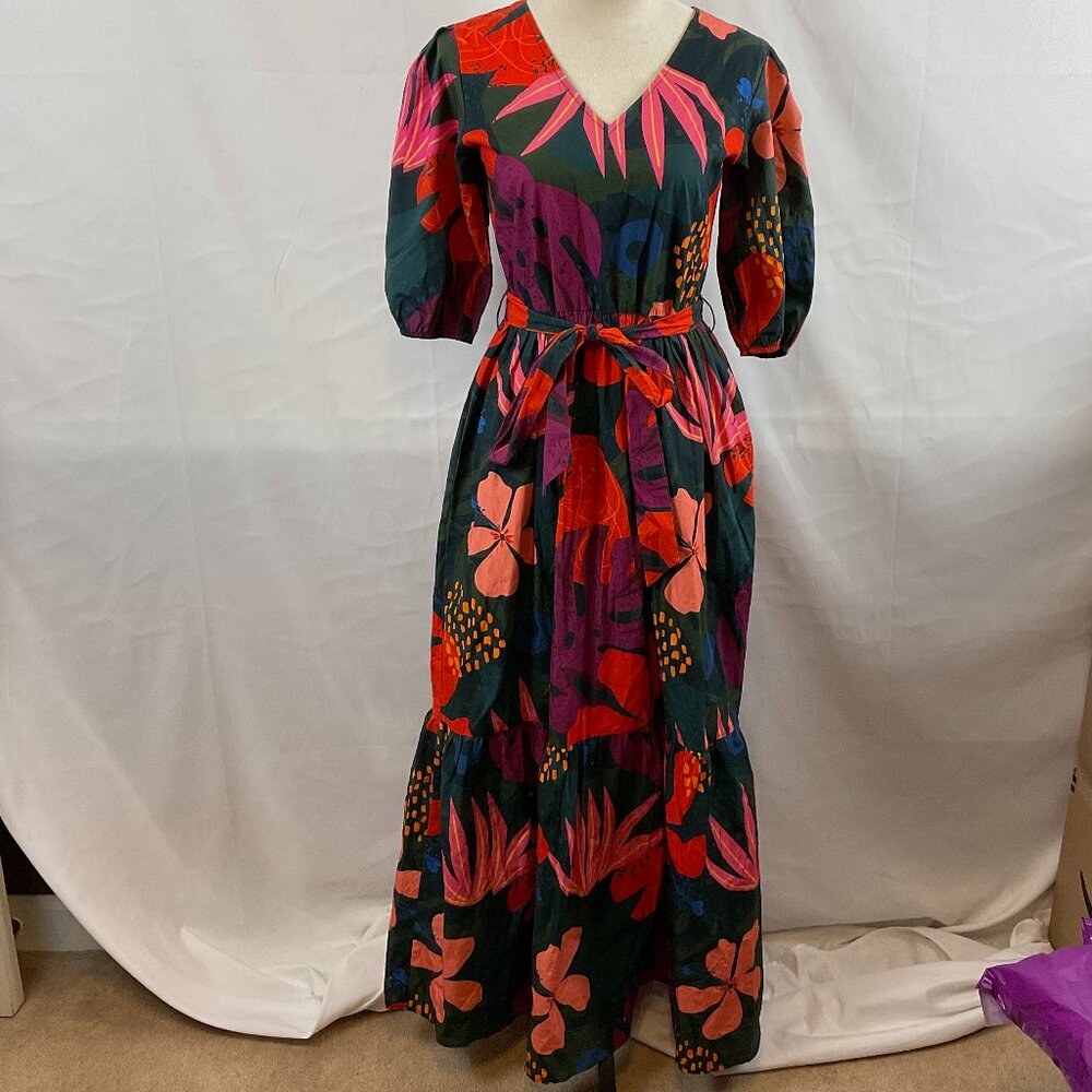 Maude Vivante Maxi Dress XS Half Sleeve Tie Waist Dark Green Pink Purple Red